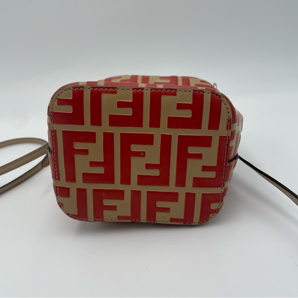 (SOLD) Fendi Monogram Embossed Beige/Red Leather Tresor Drawstring Bucket Bag - Picture 9 of 17